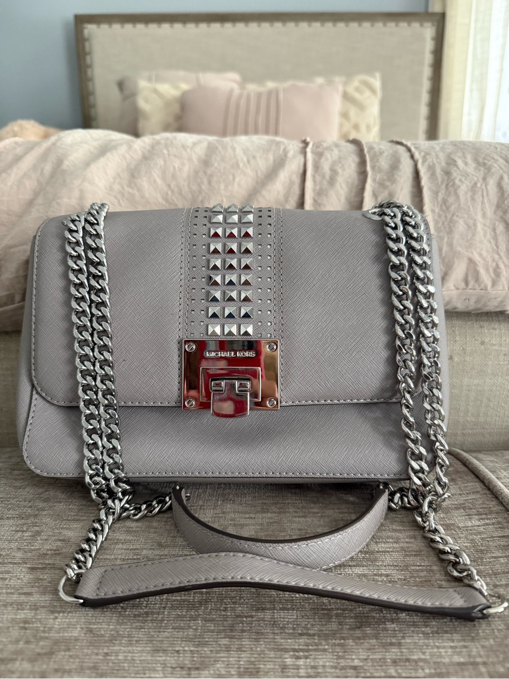 Michael Kors Light Grey Studded Saffiano Shoulder Bag with Silver Chain